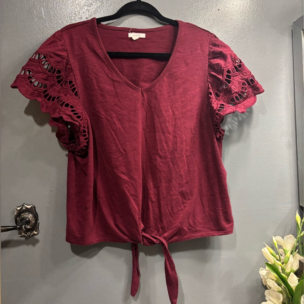 Maurices Burgundy V-Neck Tie Crop Top Crochet Short Sleeves Summer Lightweight